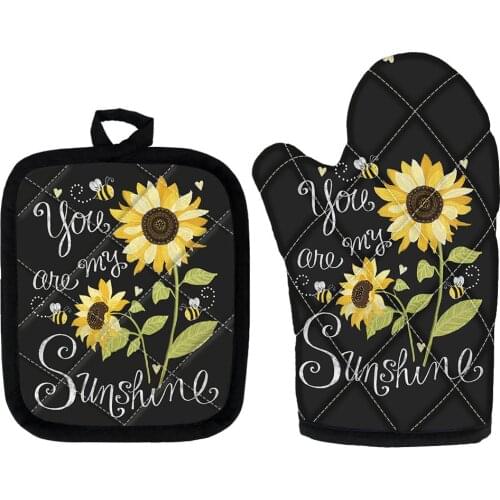 Microwave Glove Placemat Set You Are My Sunshine Print Kitchen Insulation Oven Mitt Sunflower Baking Heat Resistant Gloves