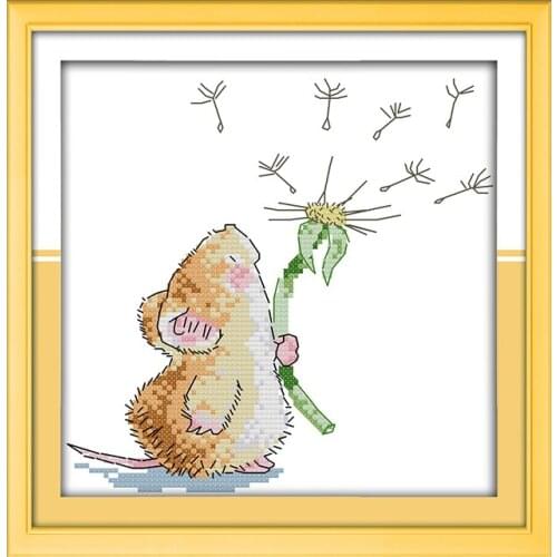 Joy Sunday mouse and Dandelion cross stitch kit lovely printed chinese embroidery needlework decorations for home embroidery set
