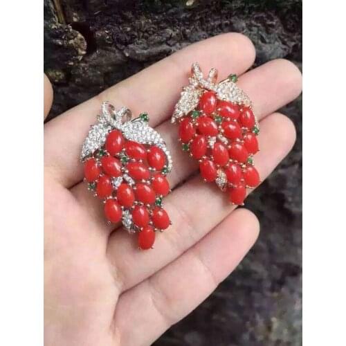 Natural red precious coral pendant S925 silver Natural gemstone Pendant Necklace trendy Luxury grape string women fine jewelry