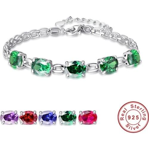 New S925 Charm Bracelet for Woman 925 Sterling Silver Oval Gemstone Bracelets & Bangles Classic Wedding Jewelry 6 Colors