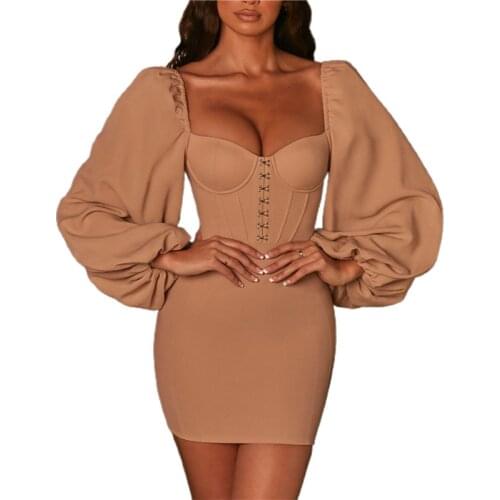 Solid Lace Up Bodycon Mini Dresses Women Long Lantern Sleeve Clubwear 2021 Summer Fashion Skinny Party Dress Sexy Hot