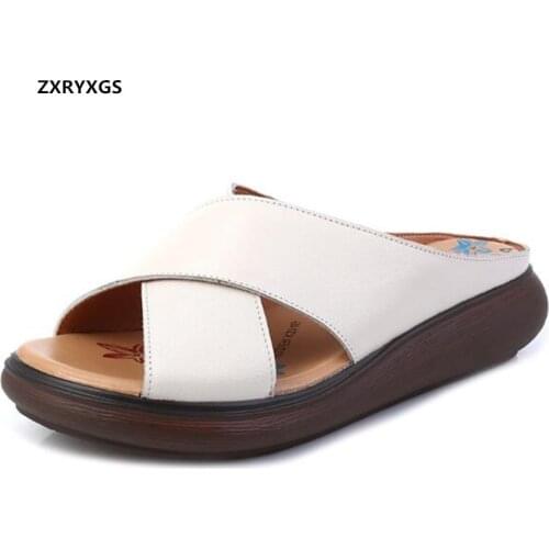 2021 New Summer Cross High-quality Soft Cowhide Leather Slippers Summer Sandals Flat Wedges Large Size Comfortable Women Sandals