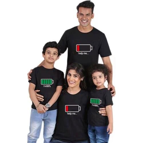 Lolocee kid baby boy family matching clothes battery energy tshirt father son short sleeve outfits 100% cotton funny tees top