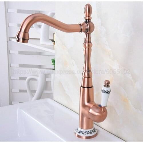 Single Handle Bathroom Hot/Cold Water Mixer Taps Bathroom Kitchen Deck Mounted Antique Red Copper Basin Faucet znf624
