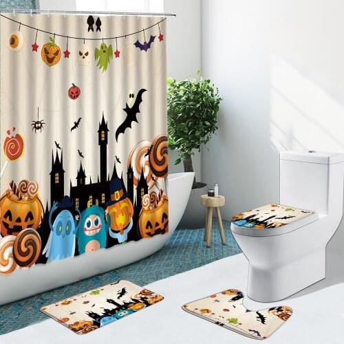Happy Halloween Shower Curtain Pumpkin Wizard Cute Cartoon Non-Slip Flannel Rugs Toilet Cover Bathroom Set Bath Mat Home Decor