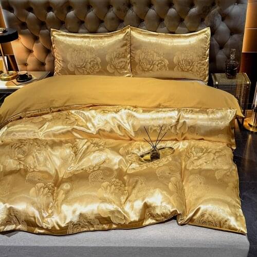 Jacquard Duvet Cover Set Soft Satin Silky Bedding Down Cover Pillowcase Set With Zipper Seal, Gold, Medium Size Double Size Bed