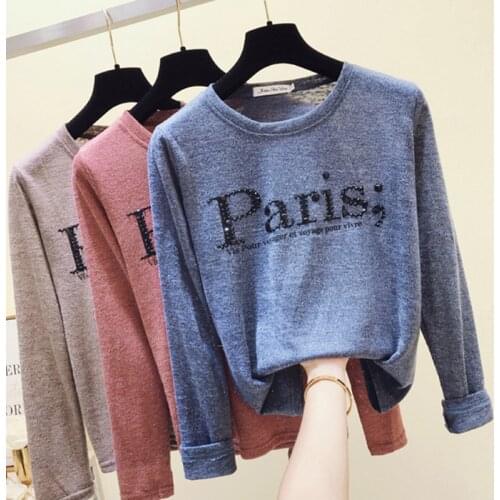 Tee Shirt Femme Autumn New 2021 Harajuku Korean Tshirt Long Sleeve Womens Tops Casual Diamond Letter Thin T Shirts Sexy Clothes