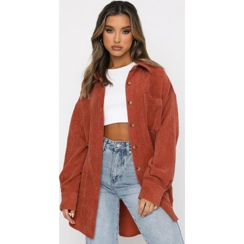 Women Casual Front Pockets Corduroy Blouse Long Sleev Turn Down Collar High Street Shirt 2021 Autumn New Fashion Wome Blouse