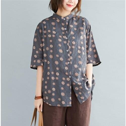 Oversized Women Cotton Linen Casual Shirts New 2021 Summer Simple Style Vintage Stand Collar Print Loose Female Tops S3536