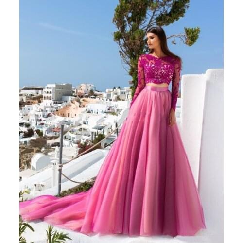 2020 Hot Pink Two Piece Eevning Dresses Lace Long Sleeves A-line Appliques Tulle Long Formal Prom Party Gown Vestidos