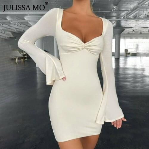 JULISSA MO Women Flare Sleeve Mini Bodycon Dresses 2021 Autumn Square Neck Solid Slim Party Dress Female Sexy Vestido Streetwear
