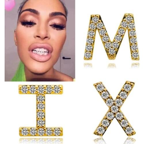 1PC Shiny Zircon Gold Teeth Grillz Women Men Hip Hop Dental Grills 26 Initials Letter Tooth Grillz Cap Teeth Grills Punk Jewelry
