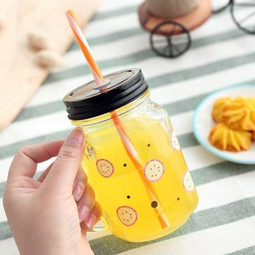 450ml Coffee Milk Beer Water Mugs With Straws And Cover Summer Day Fruits Mason Cup Breakfast Afternoon Tea Creative Glass Cup