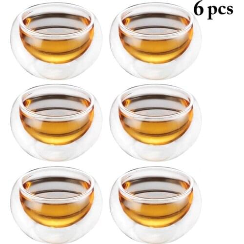 6pcs 50ML Double Wall Glass Tea Cup Insulated Teacups Handcraft Heat Resistant Insulated Shot Glass Water Glass for Tea
