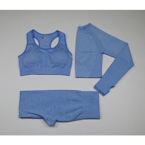 Seamless Yoga Sets Women Gym Clothes Long Sleeve Fitness Crop Top Sports Bra Sport Leggings 3 Piece Workout Set