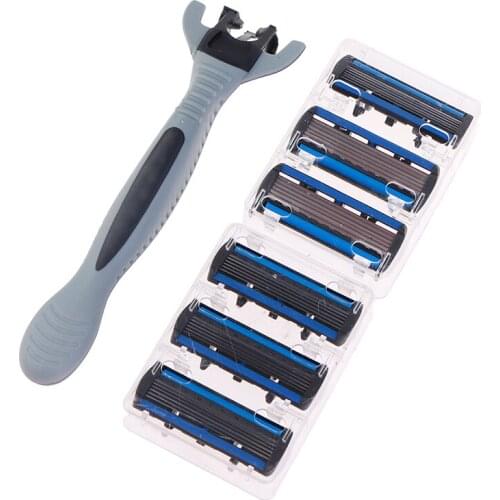 6 Layers Razor 1 Razor Holder + 6 Blades Replacement Shaver Head Cassette Shaving Razor Set Blue Face Knife For Man