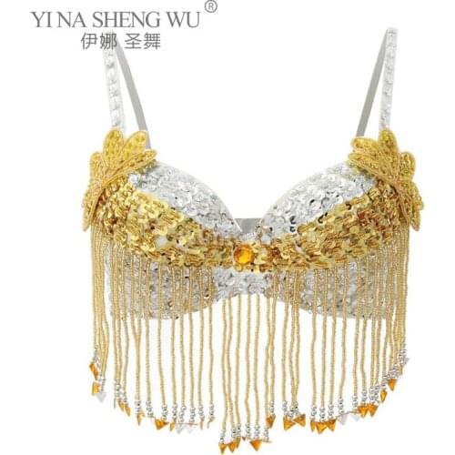 Belly Dance Costumes Sequins Bra Senior Sexy Embroidery Tassel Beads Bellydance Bra for Women Performance Belly Dancing Bra Tops