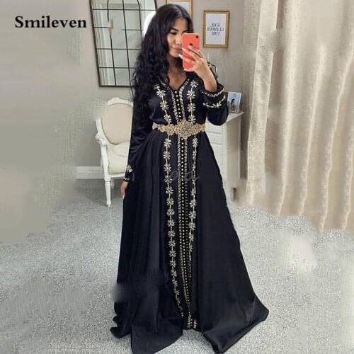 Smileven Black Moroccan Kaftan Formal Evening Dresses Manual Crystal Arabic Muslim Special Occasion Dresses Custom Made