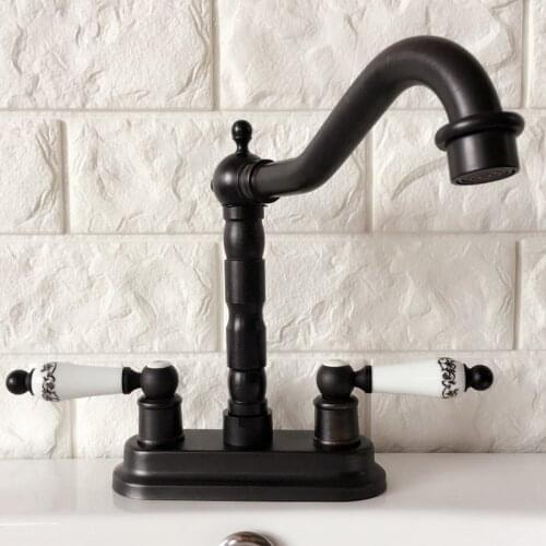 Black Oil Rubbed 4" Centerset Brass Kitchen Bathroom Vessel Sink Two Holes Basin Swivel Faucet Dual Handles Water Tap ahg070