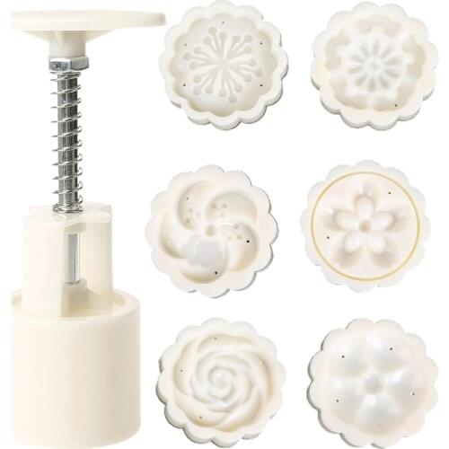 E7CC 6 Rose Flower Stamps Moon Cake Decor Mould Round Mooncake Mold Tool 50g DIY