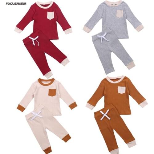 FOCUSNORM 0-4Y Autumn Winter Kids Boys Girls Pajama Sets Solid Knit Pocket Long Sleeve Pullover Tops Pants 4 Colors