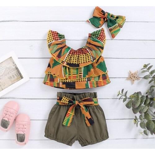 Baby Girls Geometric Print Clothes 3 Piece Set 2021 Summer Sweet Ruffle Tops PP Shorts Pant Headband Kids Child Outfit