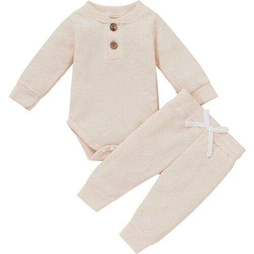 Infant Baby Boys Girls Clothes Sets Solid Color Long Sleeves Cotton Romper Long Pant Suits 2Pcs Sets Newborn Baby Outfits