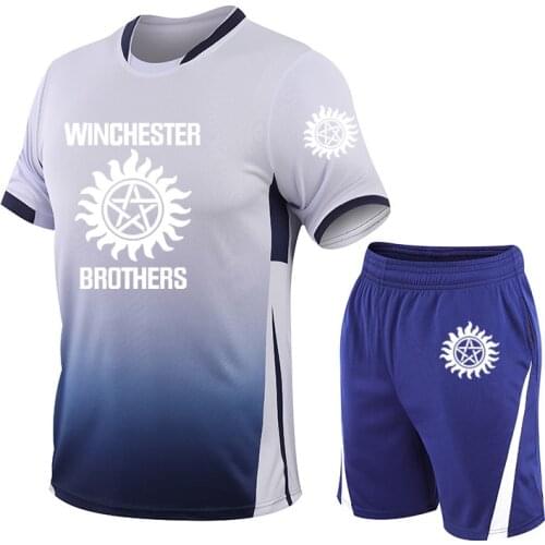 Summer short sleeve Winchester Brothers Printing Casual Mens T-shirt High Quality Cotton Mens T-shirt + shorts two-piece suit