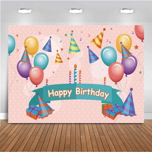 Colorful Birthday Party Hats Decor Birthday Celebrate Cake Table Backdrops Cartoon Candles Balloons Kids Gifts Photo Background