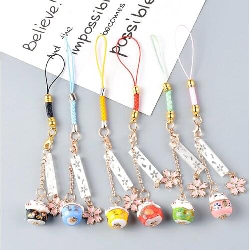 Cute Maneki Neko Smart Phone Strap Lanyards Iphone Samsung Decoration Daisy Sakura Cat Bell Mobile Rope Key Chains Couple Gift
