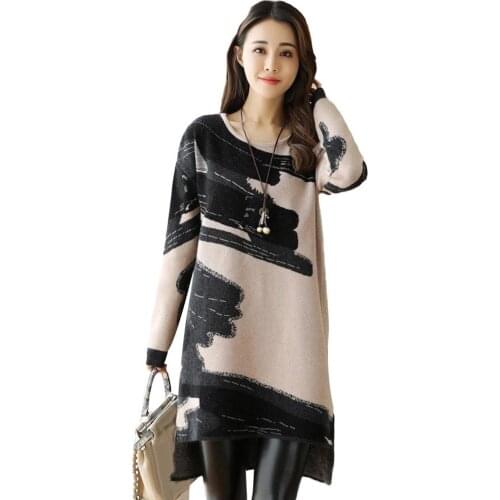 Fashion Printed Women Lady Casual Long Sleeve Round Neck Knitted Pullover Dress 2020