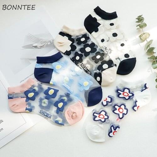 Sock Slippers Women Breathable Thin Summer College Transparent Sweet Girls Female Elastic Popular Ulzzang Mesh Patchwork Kawaii
