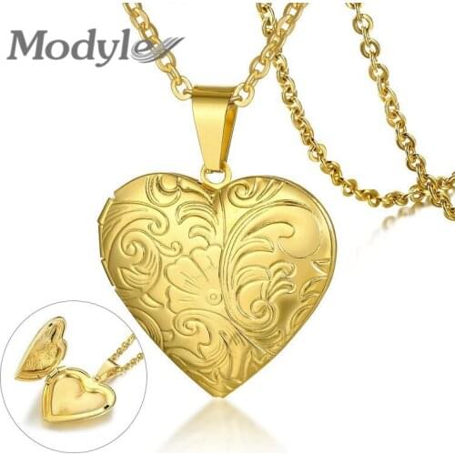Modyle 2021 New Gold Color Stainless Steel Heart Locket Pendant Flower Necklace for Women