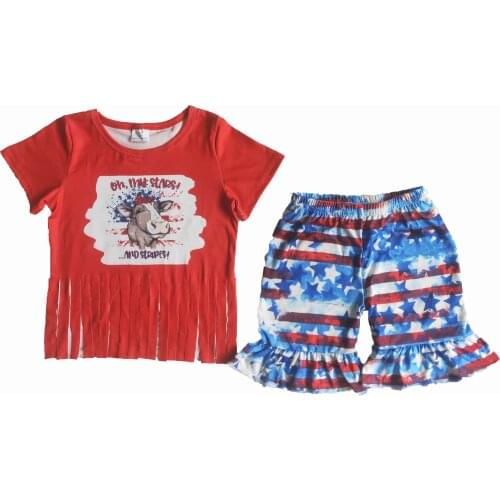 New Design Baby Girls Clothes Cow Res Short With Pink Bkue Stars Short pants Sets For Toddler Outfits Kids Wear