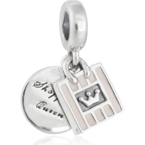 Original 925 Sterling Silver Letter Shopping Queen Dangle Pink Enamel Bag Pendant Charm Beads Fits Pandora bracelets Making DIY
