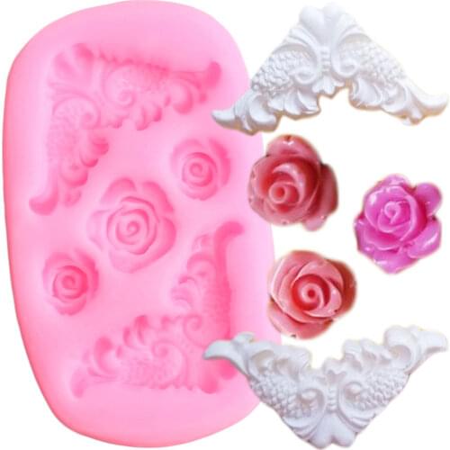 Corner Scroll Relief Silicone Mold Rose Flower Cupcake Topper Fondant Cake Decorating Tools Candy Clay Chocolate Gumpaste Moulds