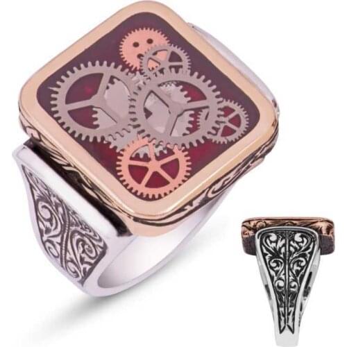 Tevuli 925 Sterling Silver Burgundy Clock Wheel Male Ring