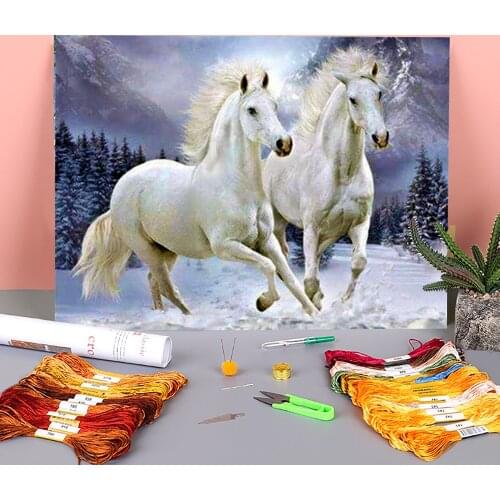 Animal Horse Printed Water-Soluble Canvas 11CT Cross Stitch Embroidery Kit DMC Threads Hobby Handicraft Handmade Decor