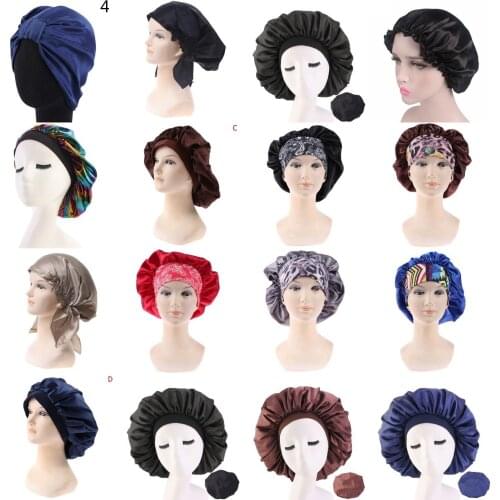 Women Satin Night Beauty Salon Sleep Cap Cover Hair Bonnet Hat Silk Head Wide Elastic Band For Curly Springy Hair Cap
