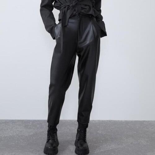 2020 spring autumn casual pu leather pants women high waist straight fashion loose trouser