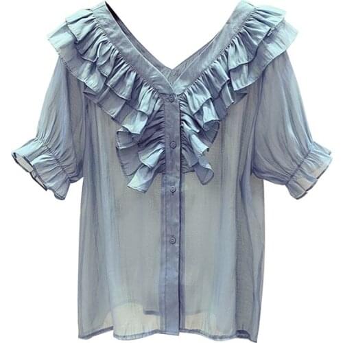 Ruffles Chiffon Woemn Shirts 2020 Summer New Short-Sleeved V-Neck Loose Office Lady Elegant Shirts Outwear Tops