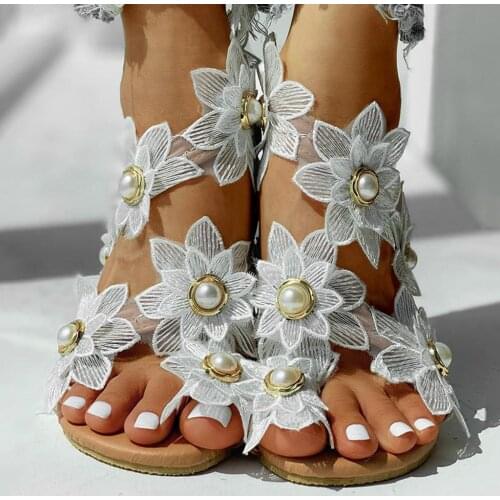 2021 New Summer Ladies Shoes Women Sandals White Floral Flat Sandals Women Flower Bohemian Casual Beach Shoes zapatillas mujer