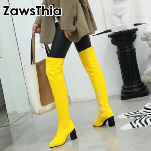 ZawsThia colorful green yellow red white orange patent pu glossy woman boots block high heels stretch over the knee high boots