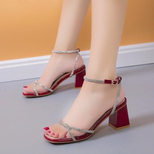 Fairy Bling Crystal Cross Narrow Band Slingback Woman Pumps Buckle Strap Sandals Rhinestones Thick High Heels Women Shoes 2021