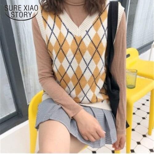 2021 New Spring Autumn Casual Loose Sweater Vest Women Pullover Korean Sweater Vest Sweet Sleeveless Plaid Knitted Vests Female