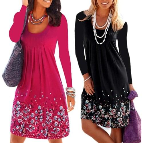 Long Sleeve Floral Print One Piece Dress Women 2019 Spring Red Black Midi High Waist Loose Big Size A-Line Dresses for Woman