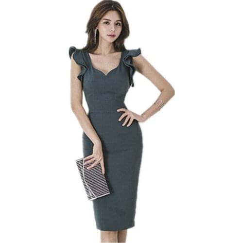 Women Pencil Dress Office Work Sheath Sleeveless Dresses Female Slim Sexy V Neck Bodycon Party Dress lady Solid Ruffles Vestidos