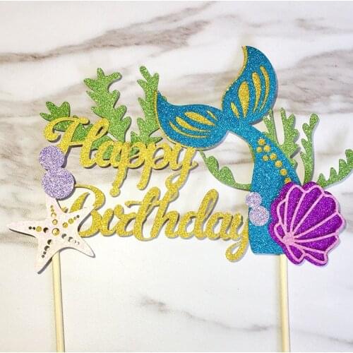1pc Starfish Mermaid Happy Birthday Cake Topper Gliiter Mermaid Cupcake Topper For Baby Shower Girls Birthday Cake Decorations