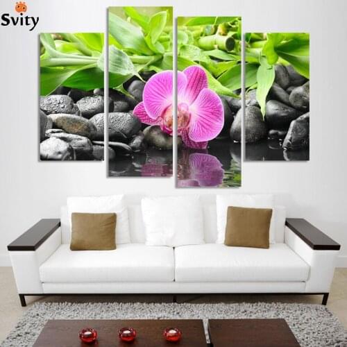 4 Panel Wall Art Botanical Green Feng Shui Orchid Oil Painting On Canvas Quartz crystal Abstract Paintings Pictures Decor H160