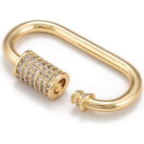 5x Brass Micro Pave Cubic Zirconia Long Lasting Real 18K Gold Plated Screw Carabiner Lock Charm for Jewelry Making 29.5x15x2.2mm